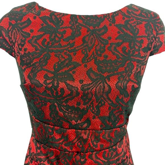 Alyx Petite Red Black Lace Cocktail Party Knee Length Sheath Cap Sleeve Dress 6 - Picture 5 of 16